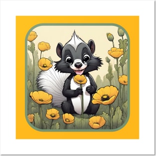 Skunk Smelling a Poppies in Spring. Posters and Art